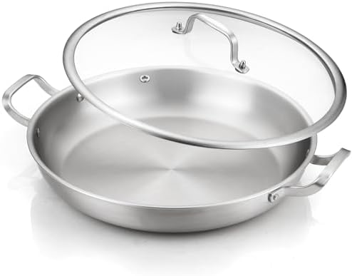 DELARLO 13 Inch Tri-Ply Stainless Steel Paella Pan With Lid, Big Frying Pan, kitchen Induction Large Skillets,Great for Paella Parties Indoors Outdoors,Heavy Duty Style by DELARLOCOOKWARE