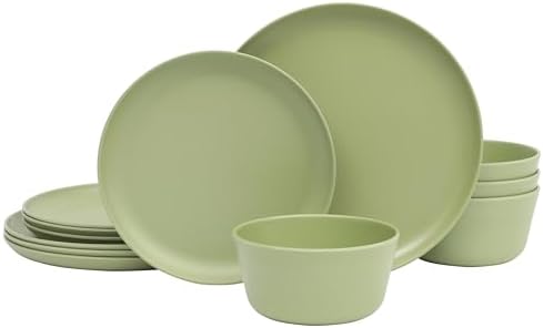 Gibson Home Fairhope 12-Piece Matte Green Melamine Dinnerware Set – Durable Lightweight Plates and Bowls, Kitchen Dining Set by GibsonHomewares