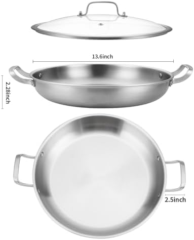 Yeksum Tri-Ply Stainless Steel Paella Pan Large Saute Pan with Lid (Stainless Steel, 13.5 INCH) - Image 5