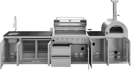 147" Outdoor Kitchen Island,Natural Gas BBQ Grill with Pizza Oven,Rotisserie,Double Door Refrigerator,Storage Cabinets,Granite Countertop & Drawers,120,000 BTU,Stainless Steel Material. - Image 6