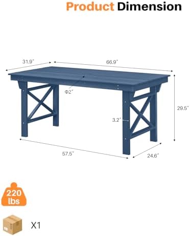 HDPE Outdoor Dining Table, 66.9” Rectangle Patio Dining Table for 6, All-Weather HDPE Outdoor Table with 2.2” Umbrella Hole, HDPE Patio Furniture for Deck, Backyard, Garden, Pool, Navy - Image 3