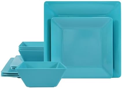 TP 12-Piece Melamine Dinnerware Sets, Square, Service for 4, Teal by TastePrime