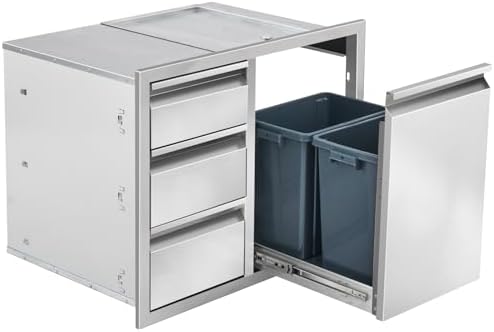 Outdoor Kitchen Drawer Combo, Stainless Steel Triple Drawer Cabinet with Built-in Trash Bin Drawer & Two Trash Cans, 28" W x 22" H x 19.5" D Outdoor Kitchen Storage for BBQ Grill Islands by Unknown