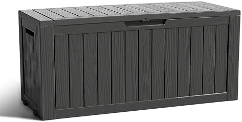 ROJIK Outdoor Storage Housing Deck Box - Waterproof Patio Furniture, Garden Tools, Cushions, Pool Accessories Storage Bench with Lockable Lid and Side Handles (Black 90 Gal) by ROJIK