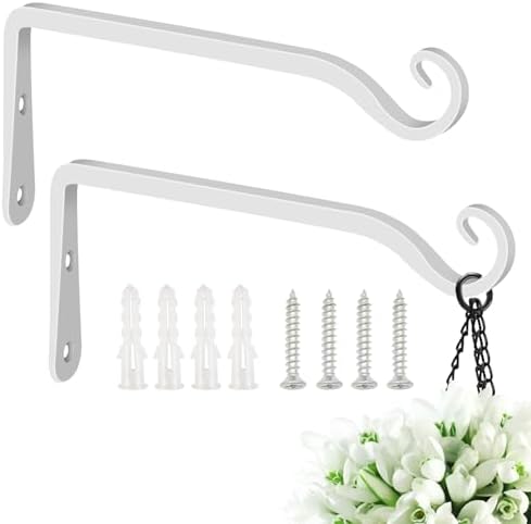 Feed Garden 10 Inch Decorative Iron Wall Hooks, L-Shaped Plant Bracket Metal Straight Plant Hanger or Hanging Bird Feeders,Wind Chimes,Flower Baskets,Lanterns,Indoor/Outdoor Use,White,2 Pack by FEEDGARDEN
