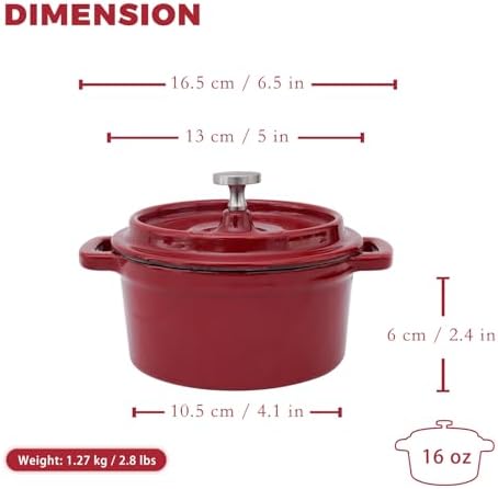 Flavehc Mini Cocotte 16 oz Mini Dutch Oven 0.5 qt. Cast Iron Garlic Roaster for Oven Garlic Confit Pot Ramekins with Lids Oven Safe Set of 2, Red - Image 3