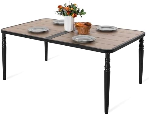 NUU GARDEN Patio Dining Table for 6, 61” x 37” Large Rectangle Metal Table with Wood-Grain Tabletop, Outdoor Table with 2.1” Umbrella Hole for Backyard, Lawn, Garden, Black by NUUGARDENCORPORATION