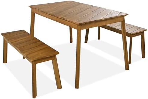 Harper & Bright Designs GO 3 Pieces Acacia Wood Table Bench Dining Set for Outdoor & Indoor Furniture with 2 Benches, Picnic Beer Table for Patio, Porch, Garden, Poolside, Natural - Image 6