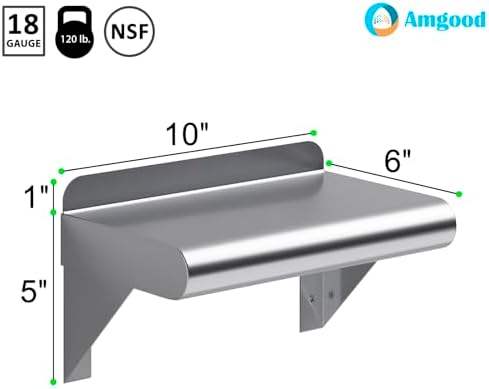 AmGood 6 in. x 10 in. Stainless Steel Wall Shelf | NSF Certified | Appliance & Equipment Metal Shelving | Kitchen, Restaurant, Garage, Laundry, Utility Room (Pack of 2) - Image 3