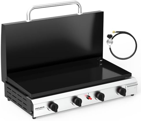 ROVSUN 4 Burner Portable Propane Griddle with Ignition & Regulator, 40,000 BTU Tabletop Flat Top Gas Grill with Enameled Tray & Lid for Outdoor Cooking Camping BBQ Tailgating Electronic by ROVSUN