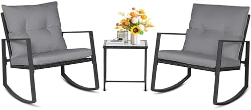 SUNCROWN 3 Piece Outdoor Rocking Bistro Set Black Wicker Furniture Porch Chairs Conversation Sets with Glass Coffee Table, Dark Grey by HOME