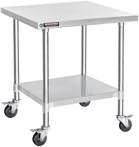 DuraSteel 30x30 NSF Stainless Steel Cart Work Table - Heavy Duty Rolling Food Prep Table Countertop Island - Metal Utility Cart on Wheels Caster, Grill Stand Storage Outdoor Kitchen Tables Bar Top by DuraSteel