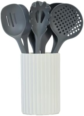 Glad Kitchen Utensils Set, 8pcs - Nonstick Cooking Tools with Utensil Holder - Nylon Spoon, Ladle, Skimmer, Spaghetti Server, and Turner Spatula Set - Dishwasher Safe, Grey by GladTrashFoodStorage