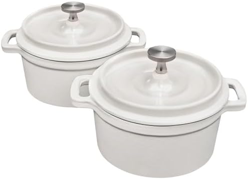 Flavehc Mini Cocotte 16 oz Mini Dutch Oven 0.5 qt. Cast Iron Garlic Roaster for Oven Garlic Confit Pot Ramekins with Lids Oven Safe Set of 2, White by FLAVEHC
