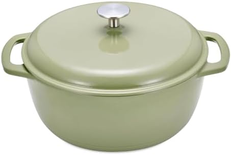 Amazon Basics Enameled Cast Iron Dutch Oven Pot With Lid, 7.3-Quart, Round, Dual Handles, Heavy-Duty, Oven Safe for Stews, Roasting & Baking, Olive by AmazonBasics
