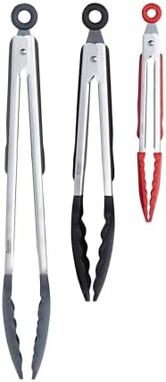 Tovolo Stainless Steel Tongs with Silicone Tips Set of 3 Mini 7” 9” 12 Inch with Easy Lock Mechanism for Cooking Grilling Air Fryer Serving, Red Black Charcoal Gray Heat Resistant Kitchen Tongs by Tovolo