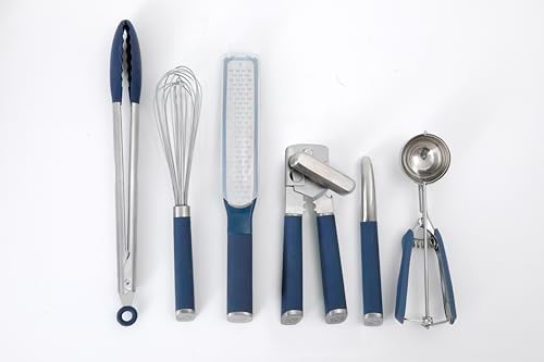 Calphalon Edge 6-Piece Stainless Steel Kitchen Tool & Gadget Set, Kitchen Utensil Set with Silicone Accent, Can opener, Straight peeler, Grater, Tongs, Balloon whisk and Scoop (Navy Blue) - Image 3