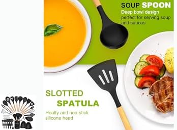 36 pcs Silicone Kitchen Cooking Utensils with Holder, Heat Resistant Cooking Sets Wooden Handle, Nonstick Kitchen Gadgets Tools Include Spatula Spoons Turner Pizza Cutter(Black) for Gift, K Trends - Image 5