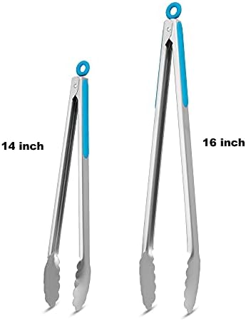 304 Stainless Steel Kitchen Cooking Tongs, 14 & 16 Inch, Set of 2, Blue - Image 4