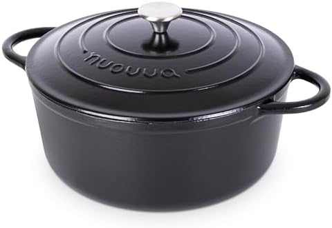 Cast Iron Dutch Oven with Lid-Non-Stick Ovenproof Enamelled Casserole Pot- Sturdy Dutch Oven Cookware - Black, 7.3- Quart, 30cm- by Nuovva by Nuovva