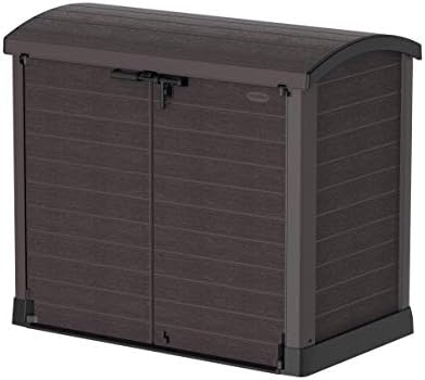 DURAMAX CedarGrain StoreAway 1200 Liter Capacity Outdoor Deck & Garden Storage Box w/Panel Doors & Arc Lid for Patios, Pool Areas, & Driveways, Brown by DURAMAX