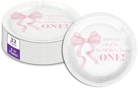 Pink Bows First Birthday - 32 Piece Disposable Party Supplies - Decorations for Girl's 1st Birthday Round Party Plates - Large 9" Paper Plates In Bulk by BirthdayGalore