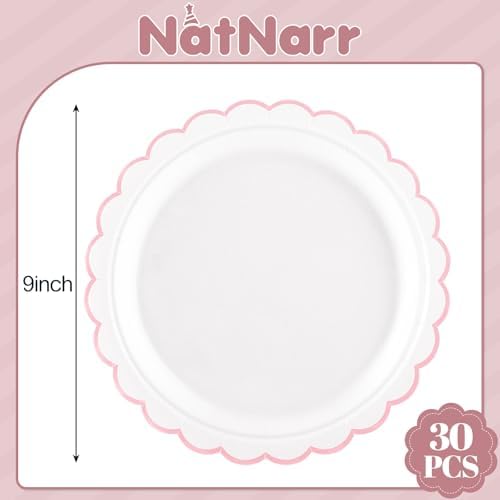 NatNarr 30 Pk Pink Paper Plates 9" Scalloped Pink White Party Plates - Image 2
