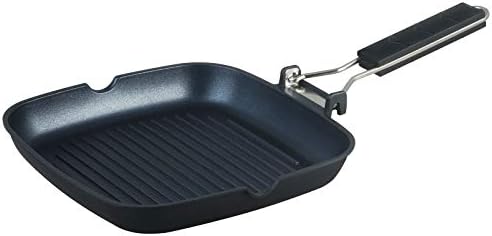 S·KITCHN Grill Pan with Folding Handle, Nonstick Grilling Pan for Stove Tops, Induction Compatible Square KBBQ Pan with Pour Spouts - 9IN by S%C2%B7KITCHN