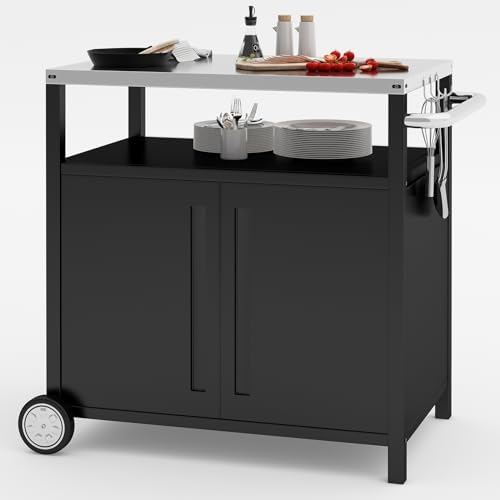 Outdoor Grill Cart with Storage Cabinet Stainless Steel Prep Stand with Storage Cabinet and Wheels Movable Whole Portable Table Outdoor Rolling Prep Station Kitchen Island Pizza Oven Table for Garden by Unknown