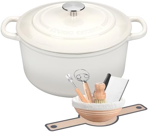 EDGING CASTING Enameled Cast Iron Dutch Oven with Sourdough Bread Baking Kit, Bread Dutch Oven with Lid, Includes Proofing Basket & Baking Tools, 5qt, White by EDGINGCOOKWARE