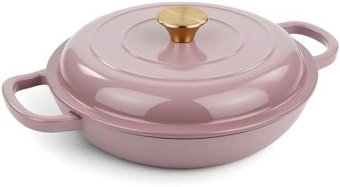 3 Quart Enameled Cast Iron Braiser, Non Stick Enameled Cast Iron Skillet with Lid, Dutch Oven Skillet with lid up to 500°F for Oven, Stove, Grill, Shallow Dutch Oven for Cook, Bake (Pink) by Fijinhom
