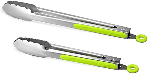 Premium 304 Stainless Steel Tongs Set – 12" Grill Tongs & 9" Cooking Tongs, Heat Resistant up to 600°F, Wavy Grip Head, Non‑Slip Handle with Locking Clip & Hanging Loop, Dishwasher Safe, Green by ALLWIN-HOUSEWARE