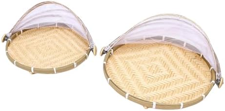 Pissente Food Serving Tent Basket, Hand Woven Wood Storage Basket with Mesh Cover for Picnic, Kitchen, and Farmhouse Decor, 2-Pack Set in 14.2 and 11.8 Inch Sizes by Pissente