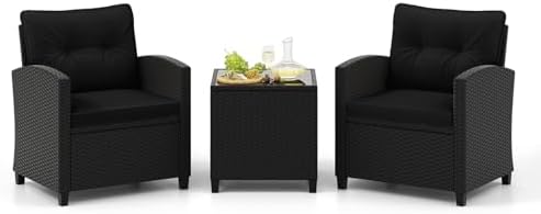 Tangkula 3 Piece Patio Furniture Set, Rattan Conversation Set w/Soft Seat & Back Cushions, Tempered Glass Topped Coffee Table, Cushioned Wicker Seating Set for Backyard, Porch, Poolside (Black) by TANGKULA