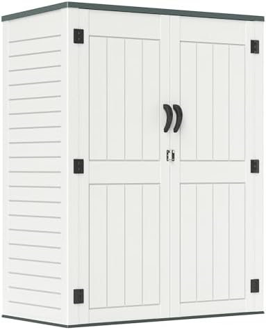 ZYJOYY Outdoor Storage Shed, 59 Cuft Outside Waterproof Storage Cabinet, HDPE Resin Plastic 385 Gallon Outdoor Storage Container, Vertical Lockable Storage Shed (Light Grey, 59 cuft/No Shelves) by ZYJOYY