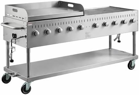 Commercial Stainless Steel Outdoor Liquid Propane Grill with Griddle Attachment, 72" Cooking Surface, 10 Burners, 160,000 BTU, for Restaurant Patio, Resort, Catering, Outdoor Kitchen, Hotel by Krollen+Industrial