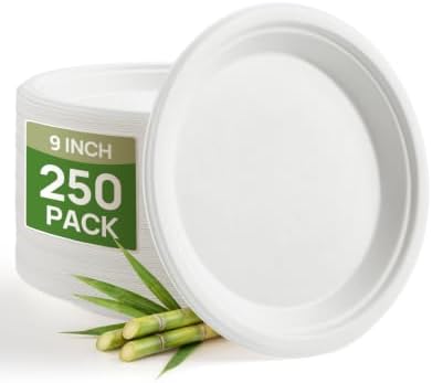 Goodluck 9 Inch White Compostable Sugarcane Paper Plates 250 Pack by GoodLuck