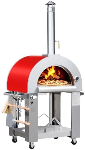 KOSTCH 32.5" Outdoor Duel Fuel Pizza Oven, 304 Stainless Steel Wood Fired & Propane Gas Pizza Oven with Temperature Gauge, Portable Pizza Oven on Wheels for Outside, Camping, Party (Red) by KOSTCH