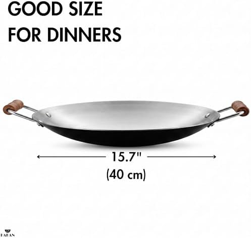 Hakan Stainless Steel Sauté Pan | Frying Pan with Wooden Handles | Barbeque Plate, Wide Shallow Cooking Pan for Stir Fry, Outdoor Cooking BBQ Cookware Pan, Skillet (Small 15.7 in) - Image 2