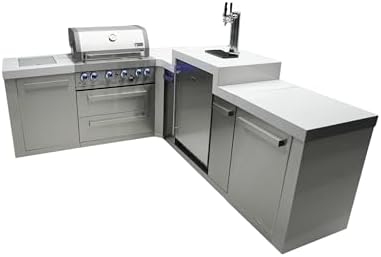Mont Alpi Premium 82"W x 98"D Stainless Steel L-shaped Modular Outdoor Kitchen Island with 3-tap Kegerator Beer Dispenser + 32"W 4-Burner BBQ Grill + Granite Countertops + Storage Cabinets + Drawers by MontAlpi