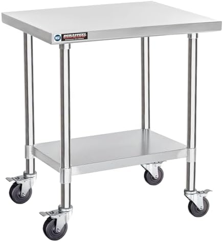 DuraSteel 24x30 NSF Stainless Steel Cart Work Table - Heavy Duty Rolling Food Prep Table Countertop Island - Metal Utility Cart on Wheels Caster, Grill Stand Storage Outdoor Kitchen Tables Bar Top by DuraSteel