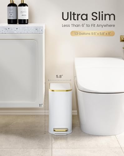 Cesun Small Bathroom Trash Can with Gold Grimmed Lid & Pedal, 1.3Gal, White - Image 2