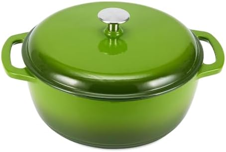 Amazon Basics Enameled Cast Iron Dutch Oven Pot With Lid, 4.3-Quart, Round, Dual Handles, Heavy-Duty, Oven Safe for Stews, Roasting & Baking, Green by AmazonBasics