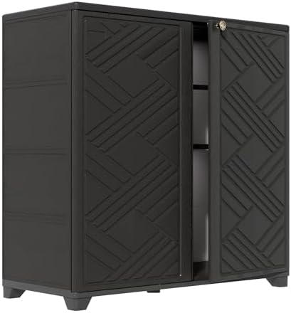 HOMSPARK Indoor/Outdoor Storage Cabinet with Doors and 2 Metal Shelves, 34”x15”x34” HDPE Plastic Storage Box for Patio, Garden, Enterway, Balcony, Multi-Purpose for Daily Tools, Black by HOMSPARK