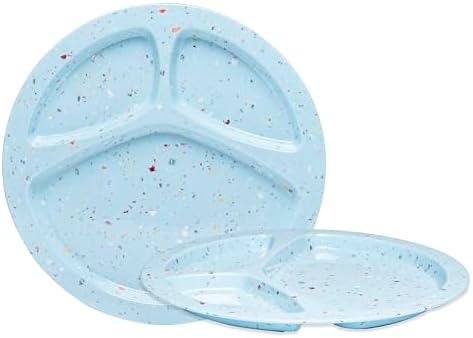 bzyoo 11-Inch Divided Plates Set of 2, 100% Melamine Portion Control Plates for Adults & Kids, Modern Confetti Pattern, BPA-Free & Dishwasher Safe, Ideal for Camping, RV, and Daily Use (Blue) by bzyoo