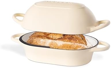 Dutch Oven For Sourdough Bread Baking – Enamelled Cast Iron Bread Loaf Pot – Oven Safe Non Stick Bread Pot – Rectangular, Cream, 24cm x 16cm – by Nuovva by Nuovva