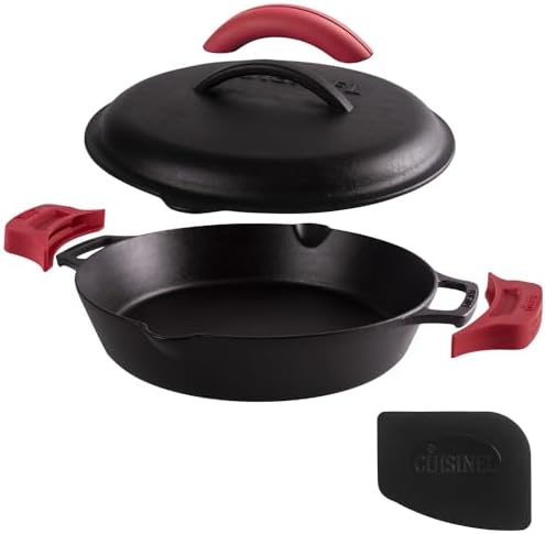 Cast Iron Skillet with Cast Iron Lid - 12"-Inch Dual Handle Frying Pan + Pan Scraper + Silicone Handle Holder Covers - Pre-Seasoned Oven Cookware - Use Indoor/Outdoor, Grill, Stovetop, Induction by Cuisinel