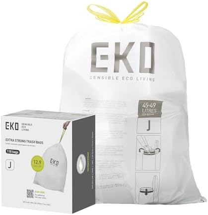 EKO 12.9 Gallon / 45-49 Liter, 110 Count Drawstring Trash Bags, Extra-Strong Unscented Garbage Bags, Easy-Dispense Roll for Kitchen & Household Use, Resists Tears, Leaks and Punctures, Code J, White by Unknown