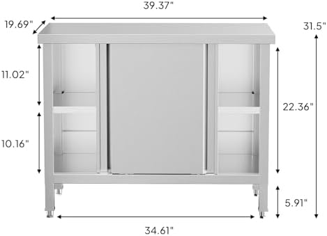ROVSUN Stainless Steel Table with Cabinet, 39" x 19" Commercial Kitchen Workbench for Pre Work with Sliding Doors, Large Space Storage for Kitchen Restaurant Hotel Garage Warehouse - Image 3