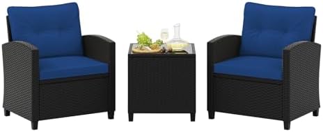 Tangkula 3 Piece Patio Furniture Set, Rattan Conversation Set w/Soft Seat & Back Cushions, Tempered Glass Topped Coffee Table, Cushioned Wicker Seating Set for Backyard, Porch, Poolside by TANGKULA